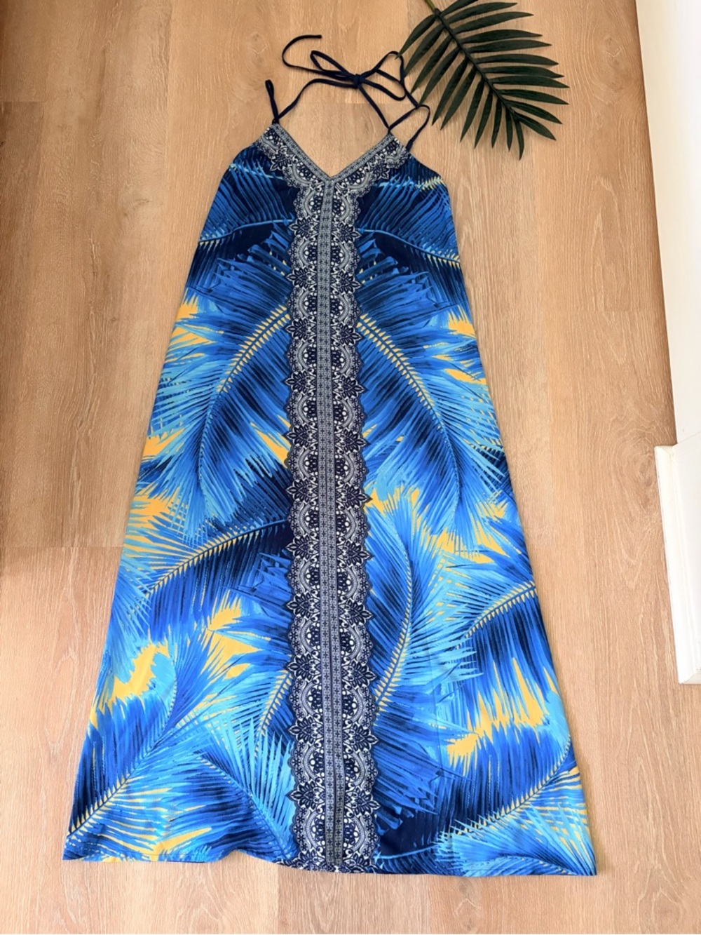 Vibrant Blue and Yellow Tropical Print Boho Halter Maxi Dress/ Coverup- Small